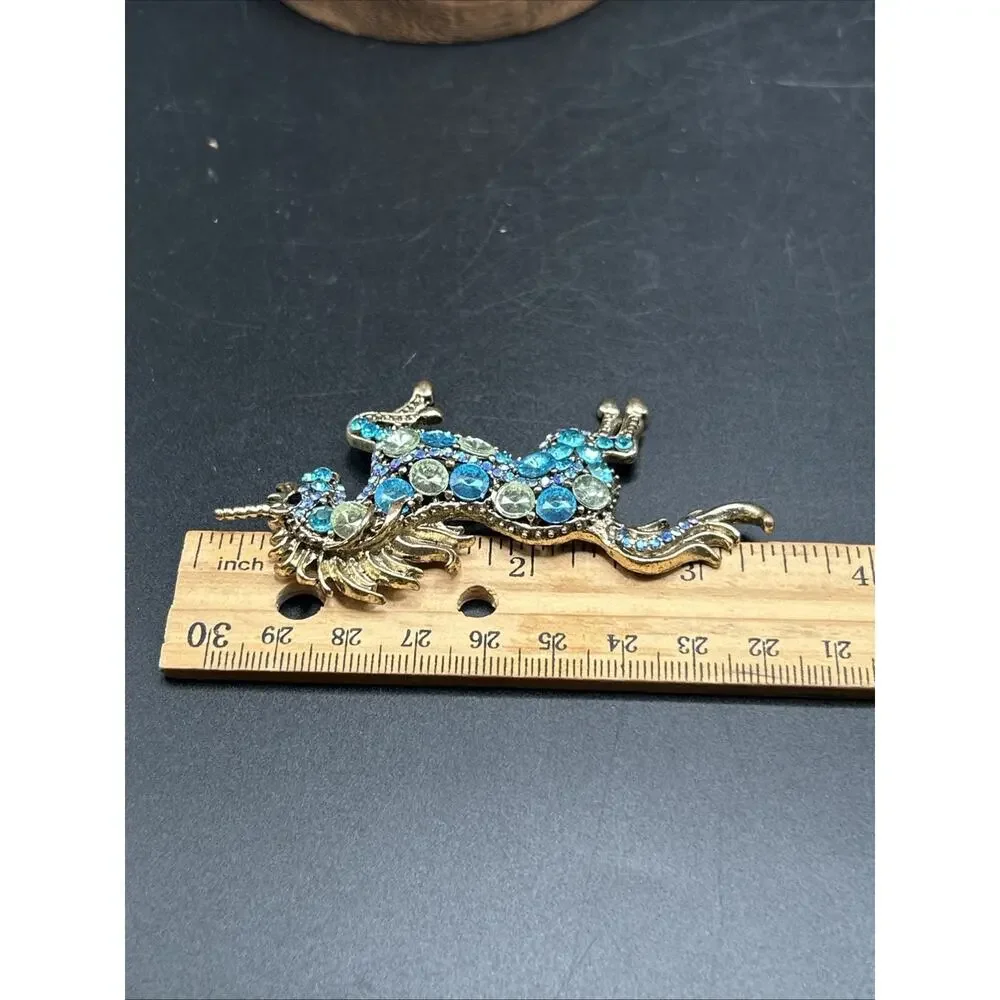 Big Modern Unicorn Pin Brooch Gold tone Blue Glass 3 1/2”